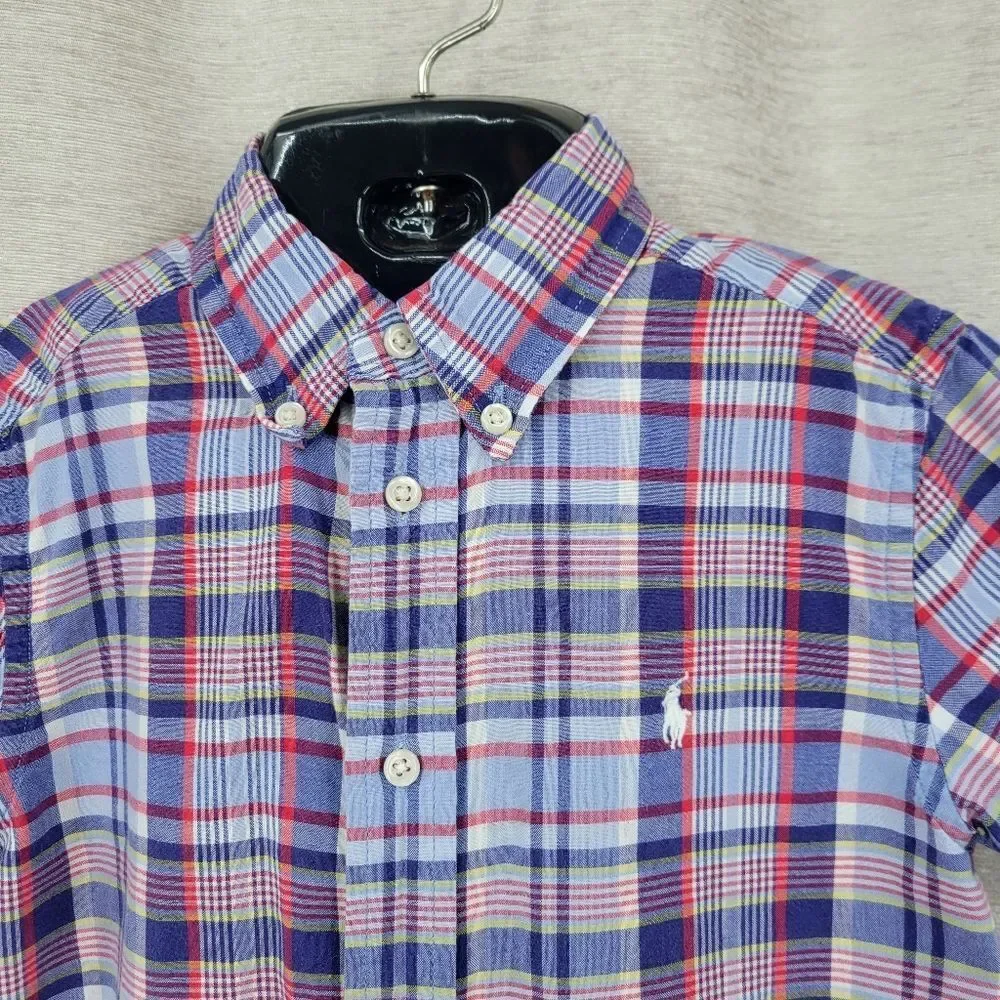 Ralph Lauren Boys Short Sleeve Plaid Button Down Shirt Light Blue Navy Red